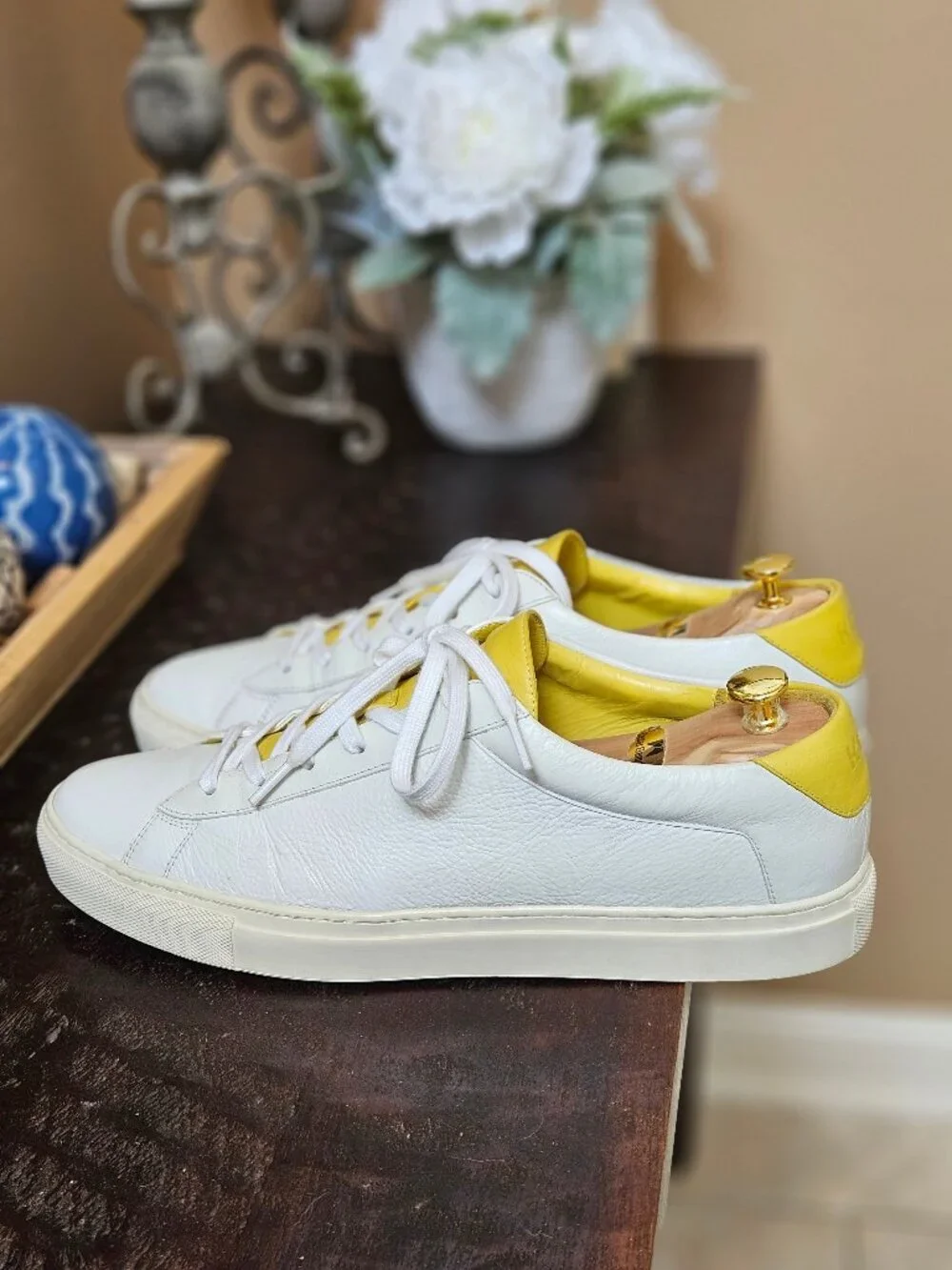 KOIO Men's Capri Full-Grain Leather Sneakers, White/Yellow, Sz EU 46 US 13